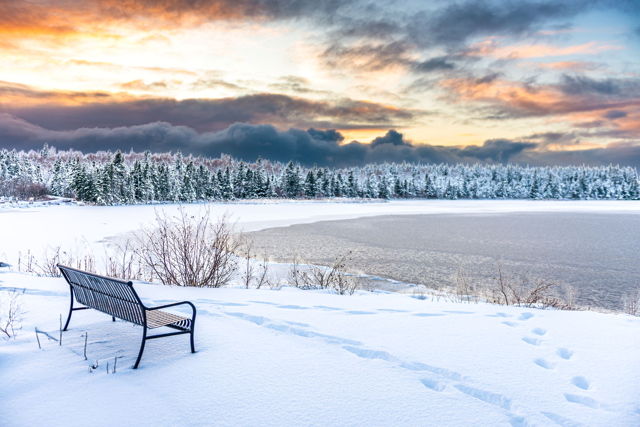 Cobbs Pond Winter Sunset Prints Snowy Bench Landscape Photography